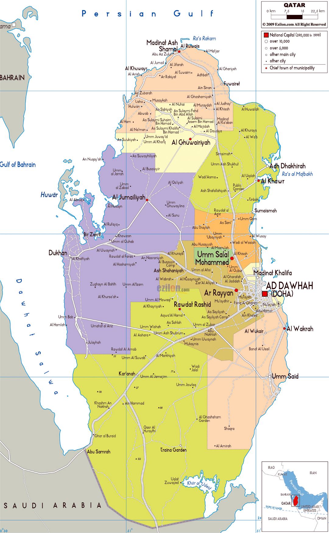 Large political and administrative map of Qatar with roads, cities and airports