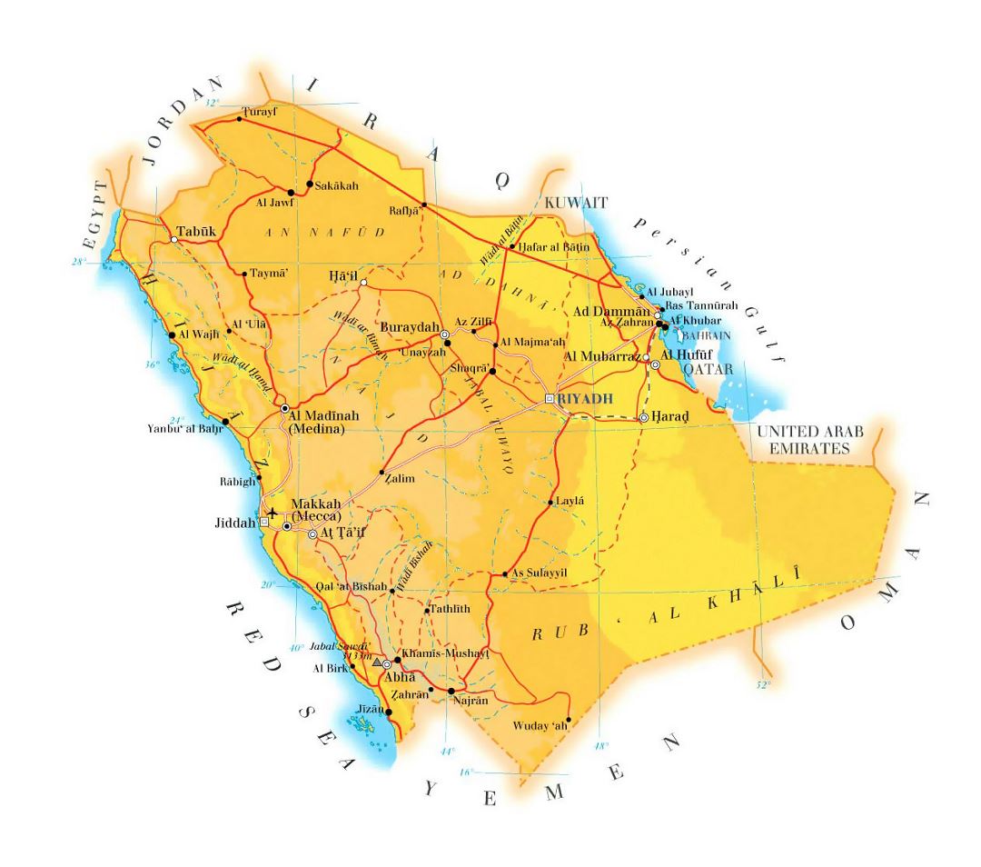 Detailed elevation map of Saudi Arabia with roads, railroads, cities and airports