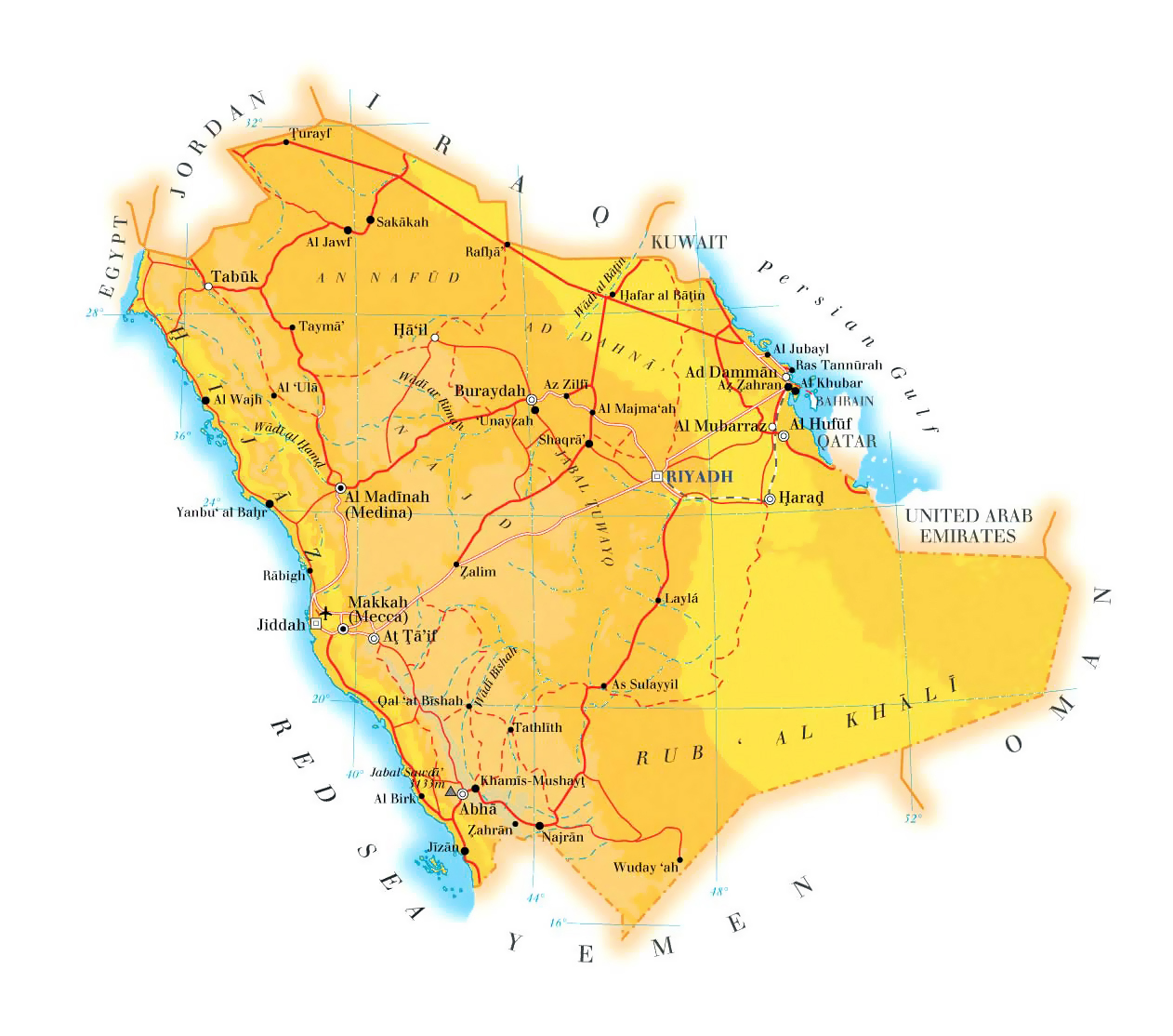 Detailed Elevation Map Of Saudi Arabia With Roads Railroads Cities