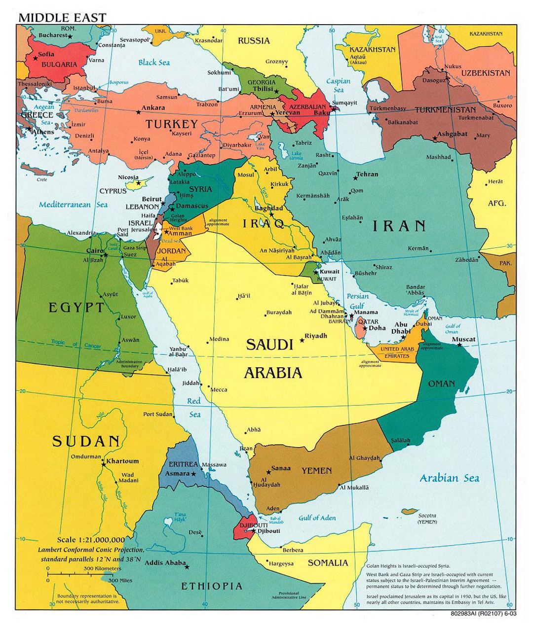 Detailed political map of Middle East with major cities - 2003