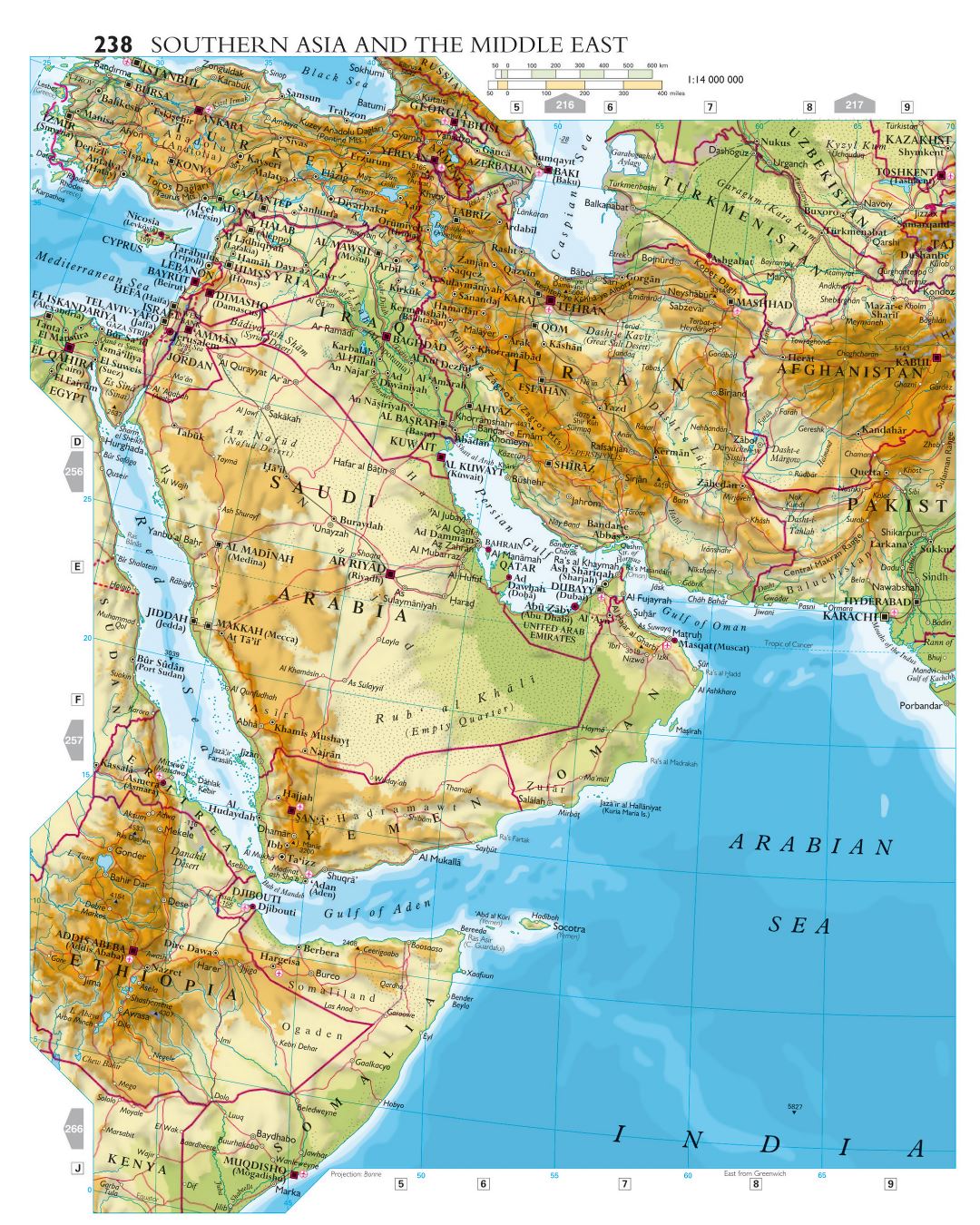 Large detailed elevation map of Southern Asia and the Middle East