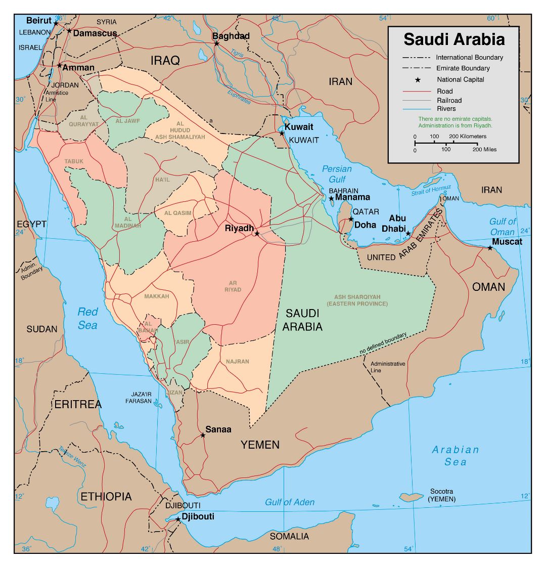 Large detailed political and administrative map of Saudi Arabia with roads, railroads and major cities