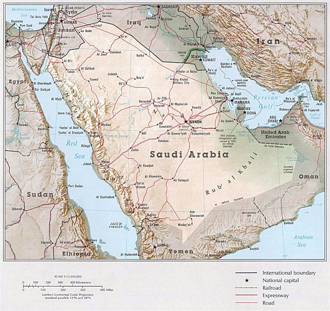 Large detailed political map of Saudi Arabia with relief, railroads, major roads and major cities