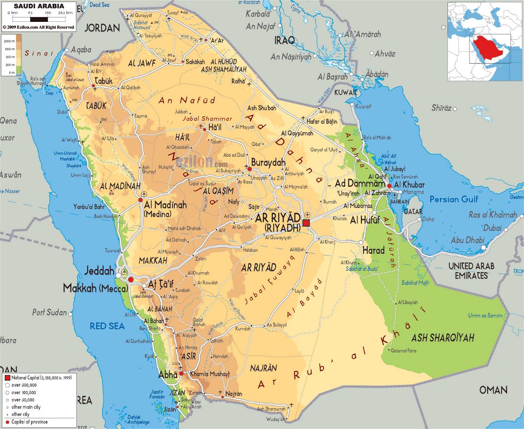 Large physical map of Saudi Arabia with roads, cities and airports