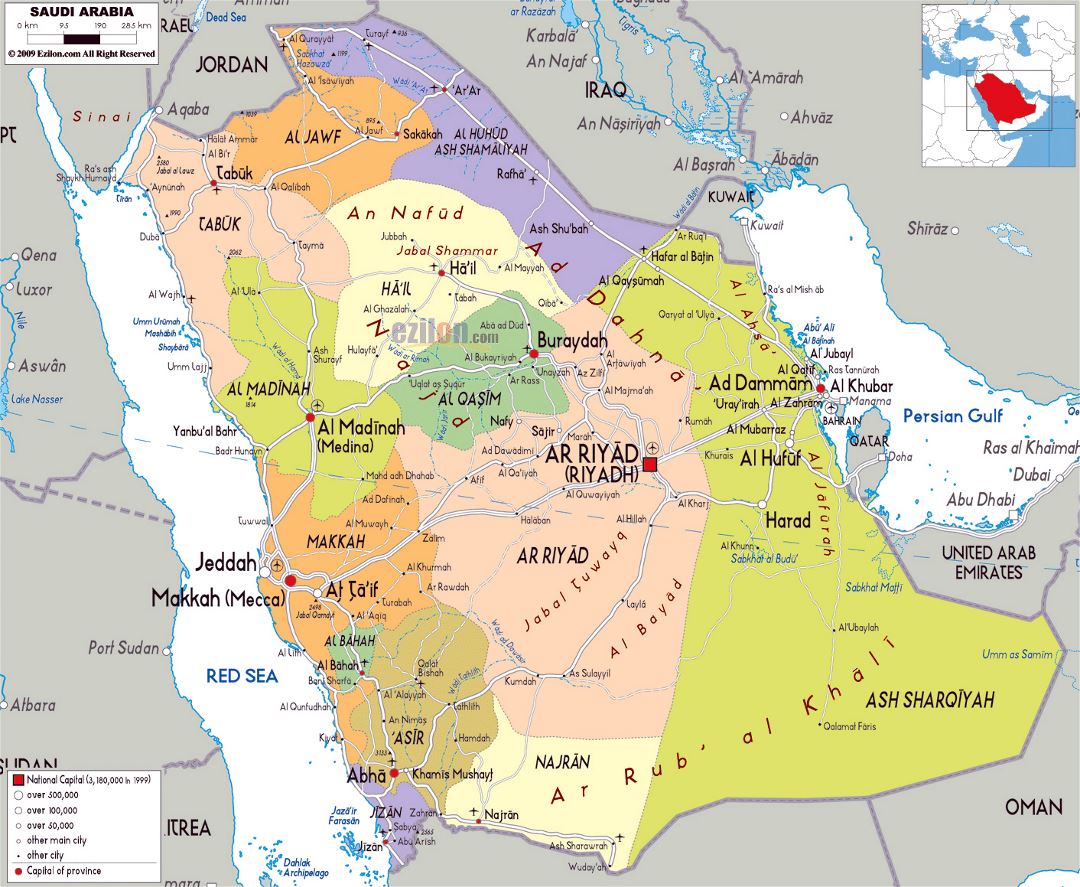 Large political and administrative map of Saudi Arabia with roads, cities and airports