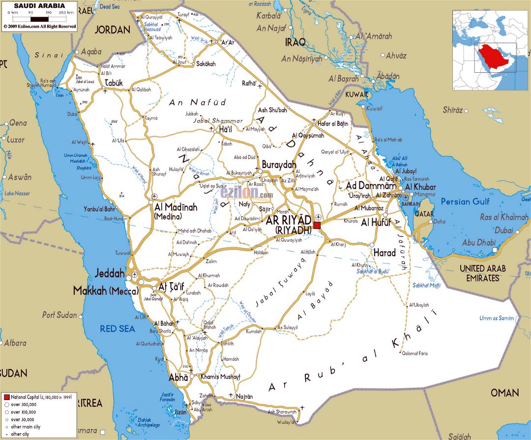 Large road map of Saudi Arabia with cities and airports