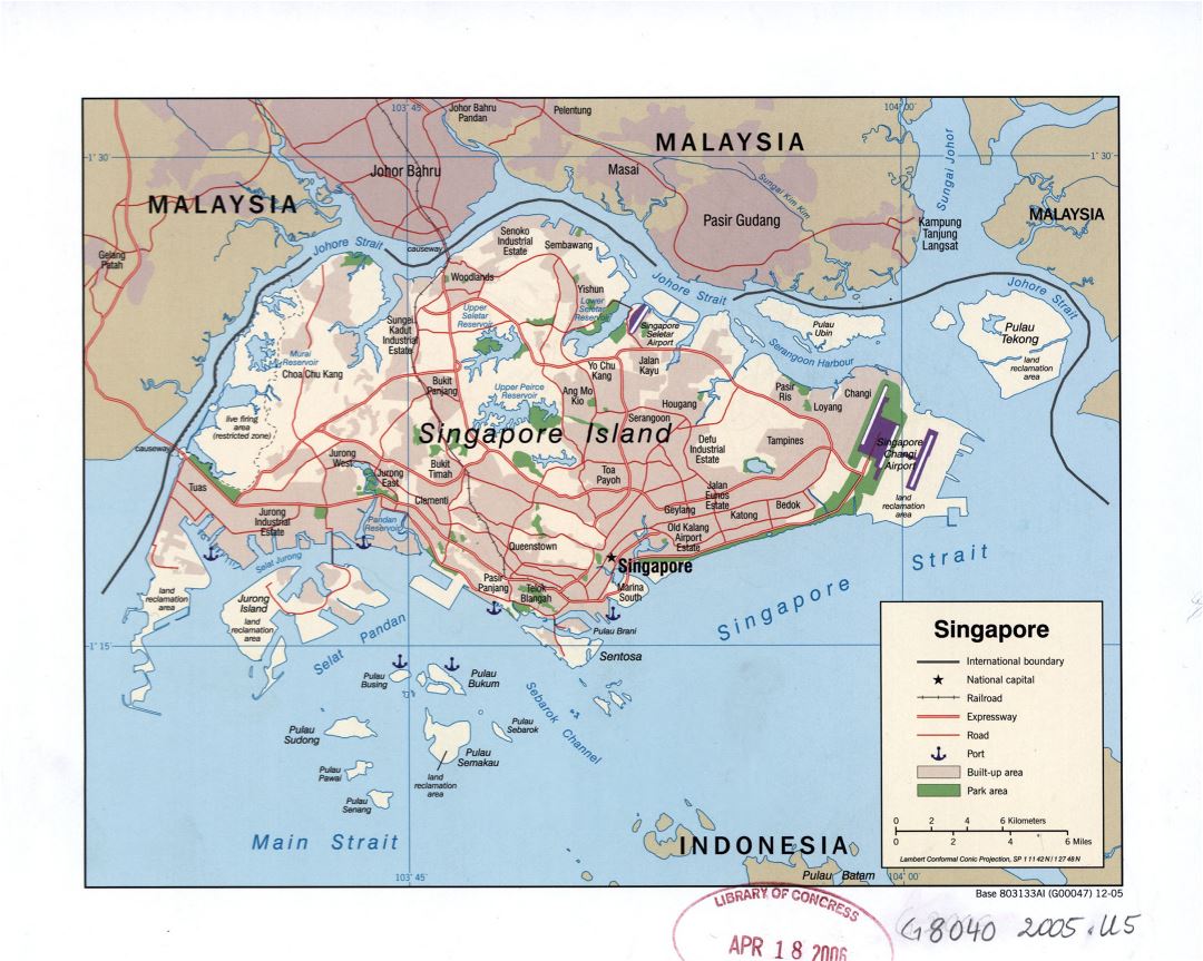 Large detailed political map of Singapore with relief, roads, railroads, airports, seaports and other marks - 2005