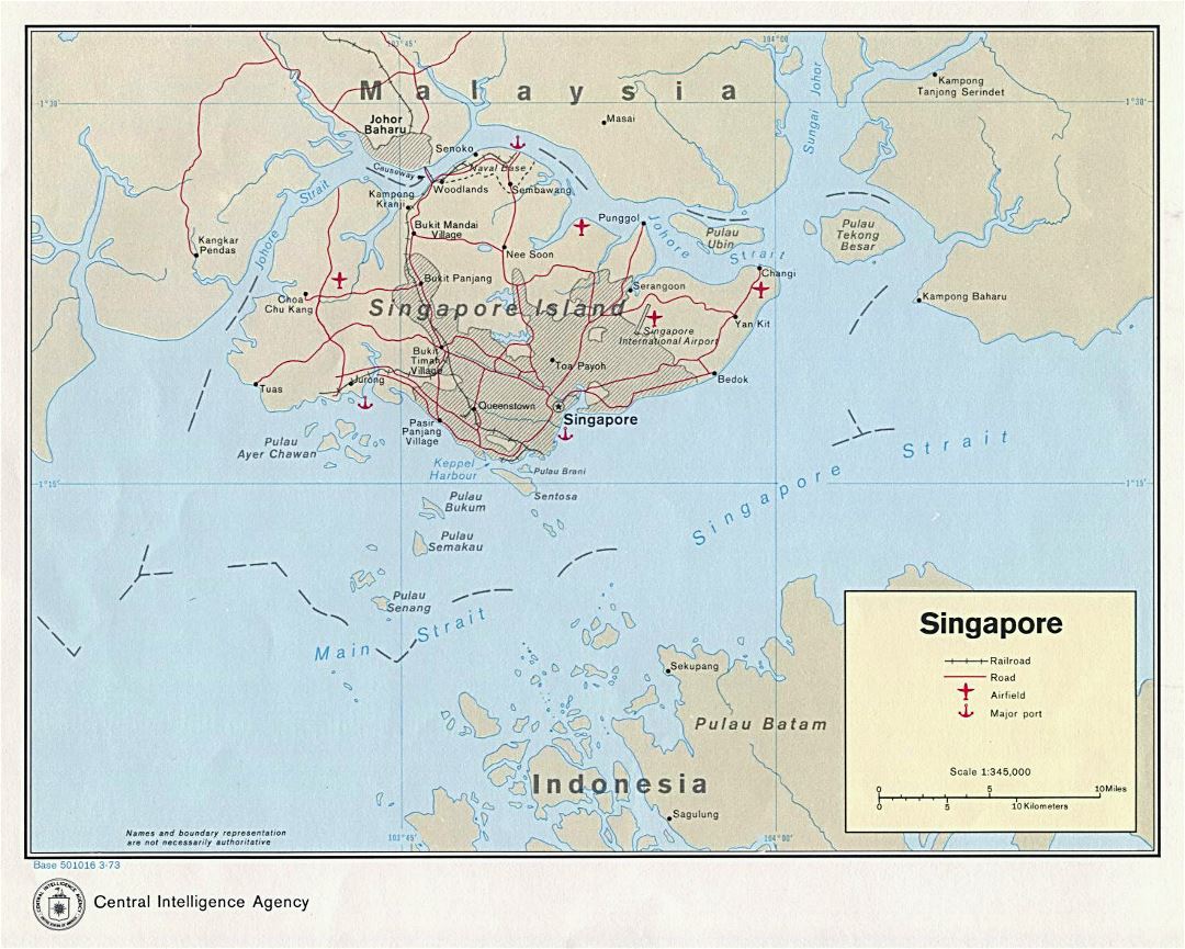 Large detailed political map of Singapore with roads, railroads, airfields and major ports - 1973
