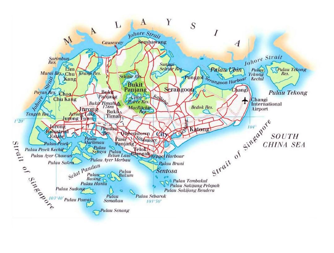 Large elevation map of Singapore with roads, railroads and airports