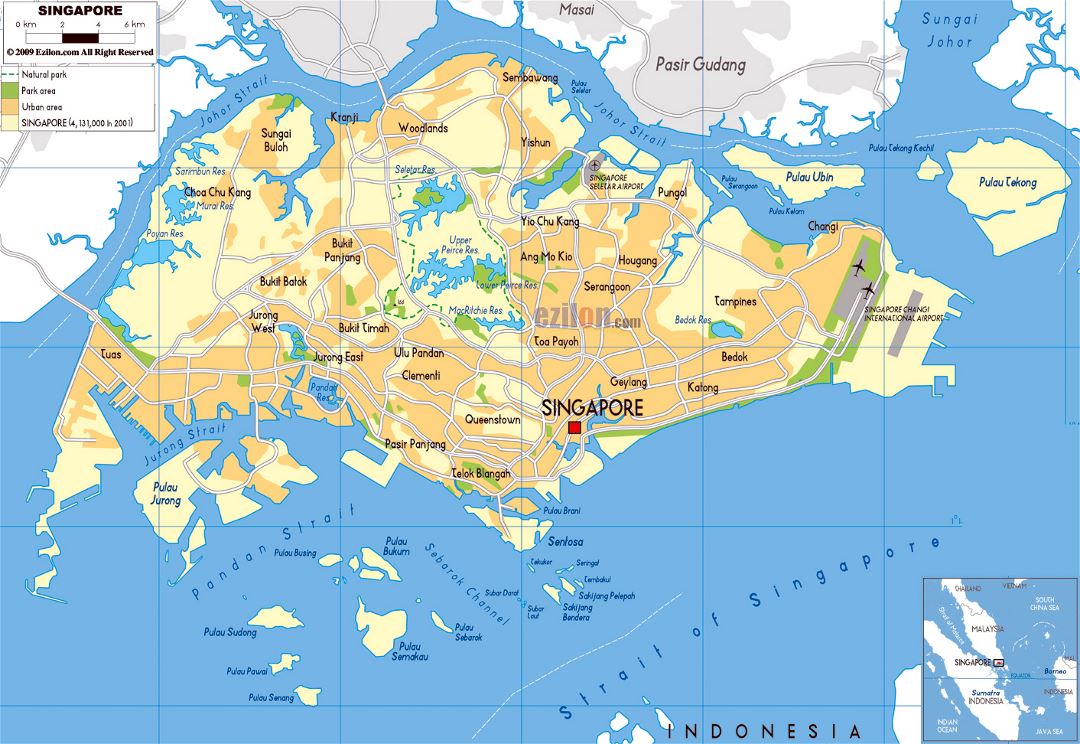 Large physical map of Singapore with roads and airports