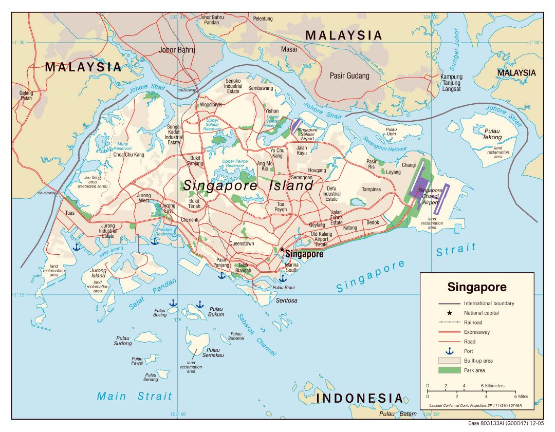 Large political map of Singapore with roads, railroads, airports, seaports and other marks - 2005