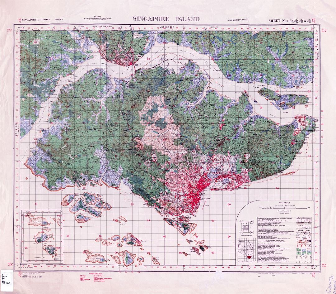 Large scale old topographical map of Singapore - 1937