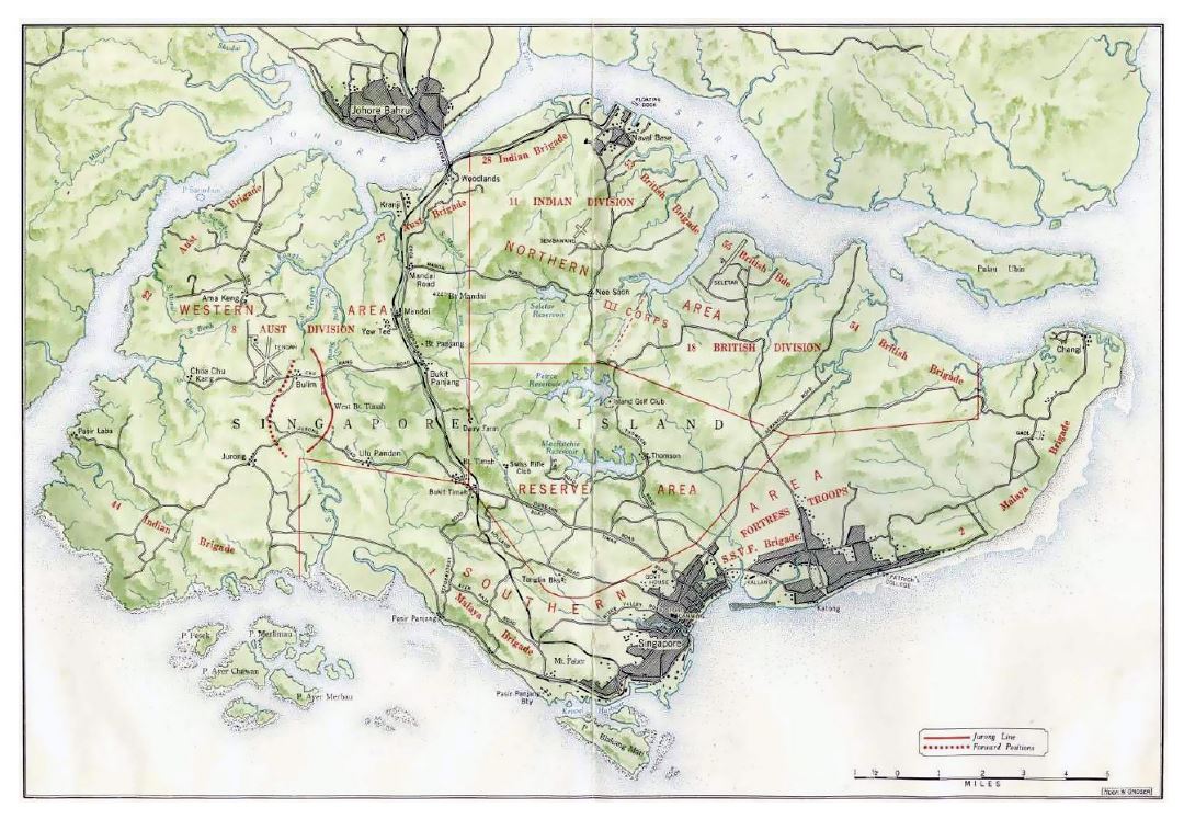 Old map of Singapore with relief - 1942