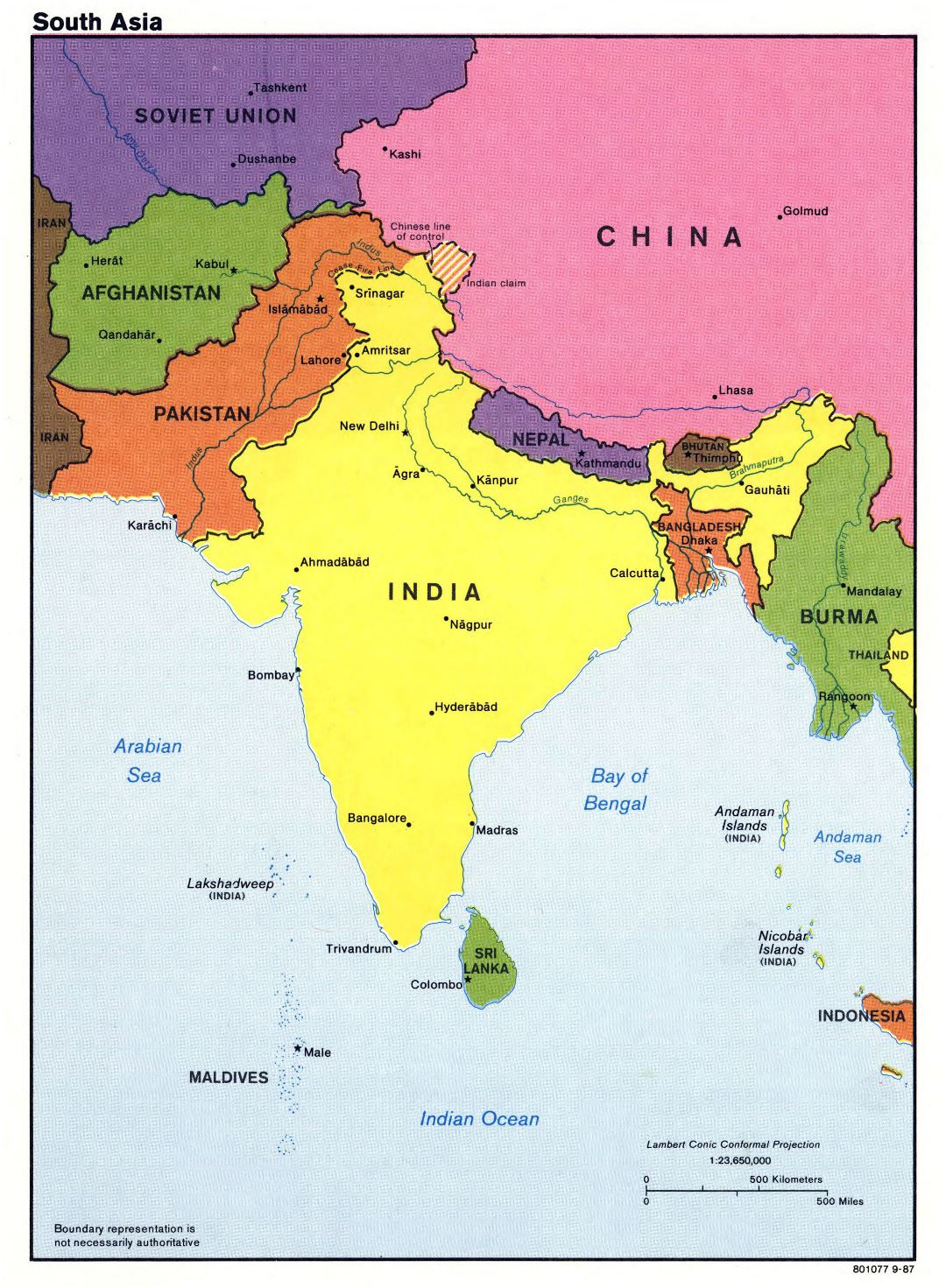 Large detailed political map of South Asia with major cities and capitals - 1987