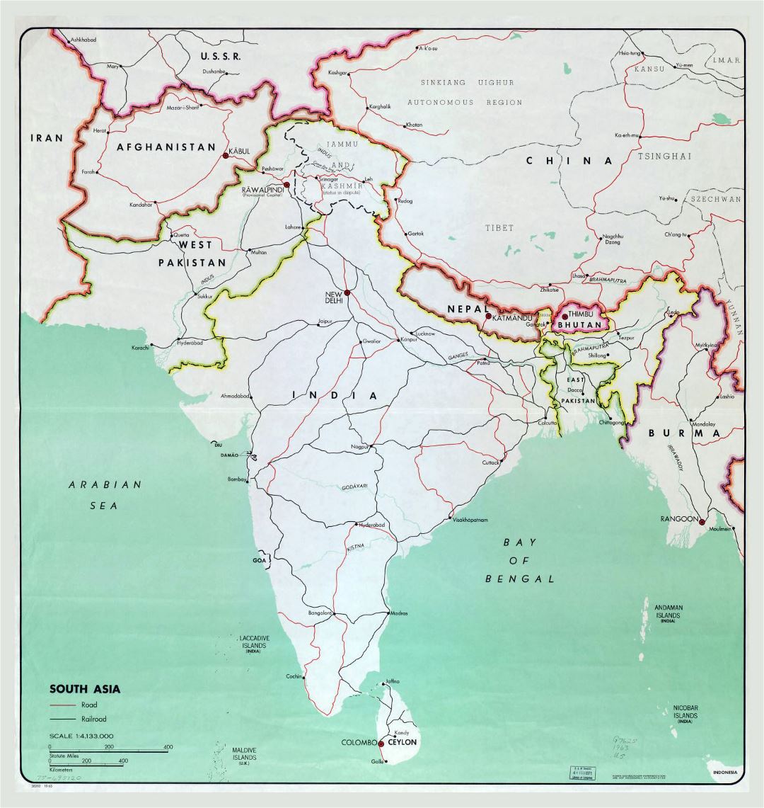 Large map of South Asia with major cities, roads and railroads - 1963