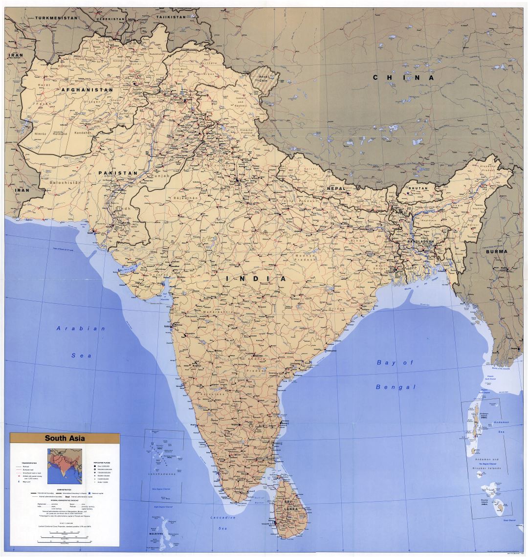 Large scale detailed political map of South Asia with roads, railroads, cities, airports and seaports - 1993