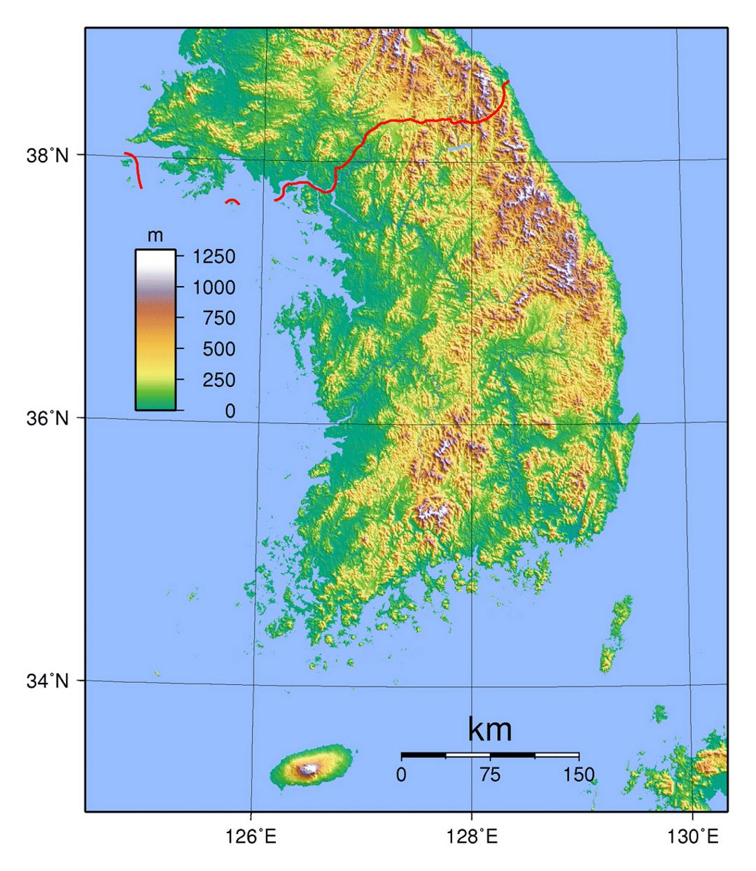 Detailed physical map of South Korea