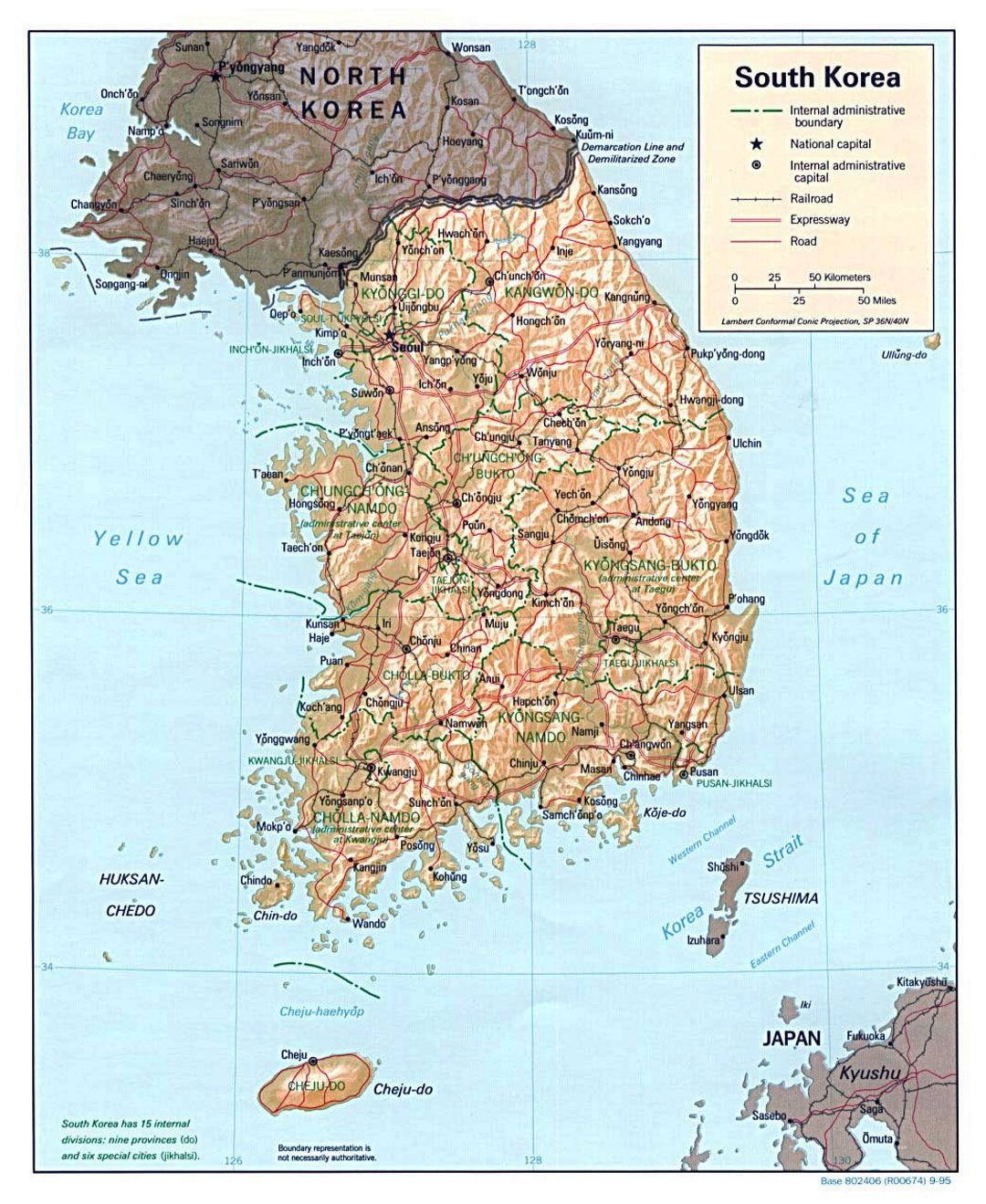 Detailed political and administrative map of South Korea with relief, roads, railroads and major cities - 1995