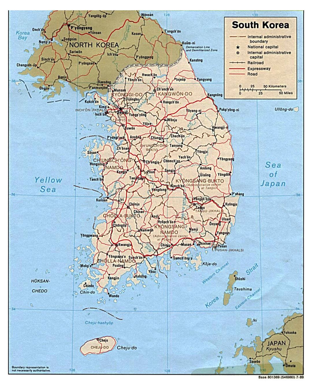 Detailed political and administrative map of South Korea with roads, railroads, and major cities - 1989