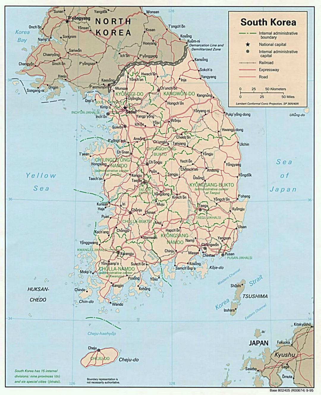 Detailed political and administrative map of South Korea with roads, railroads and major cities - 1995