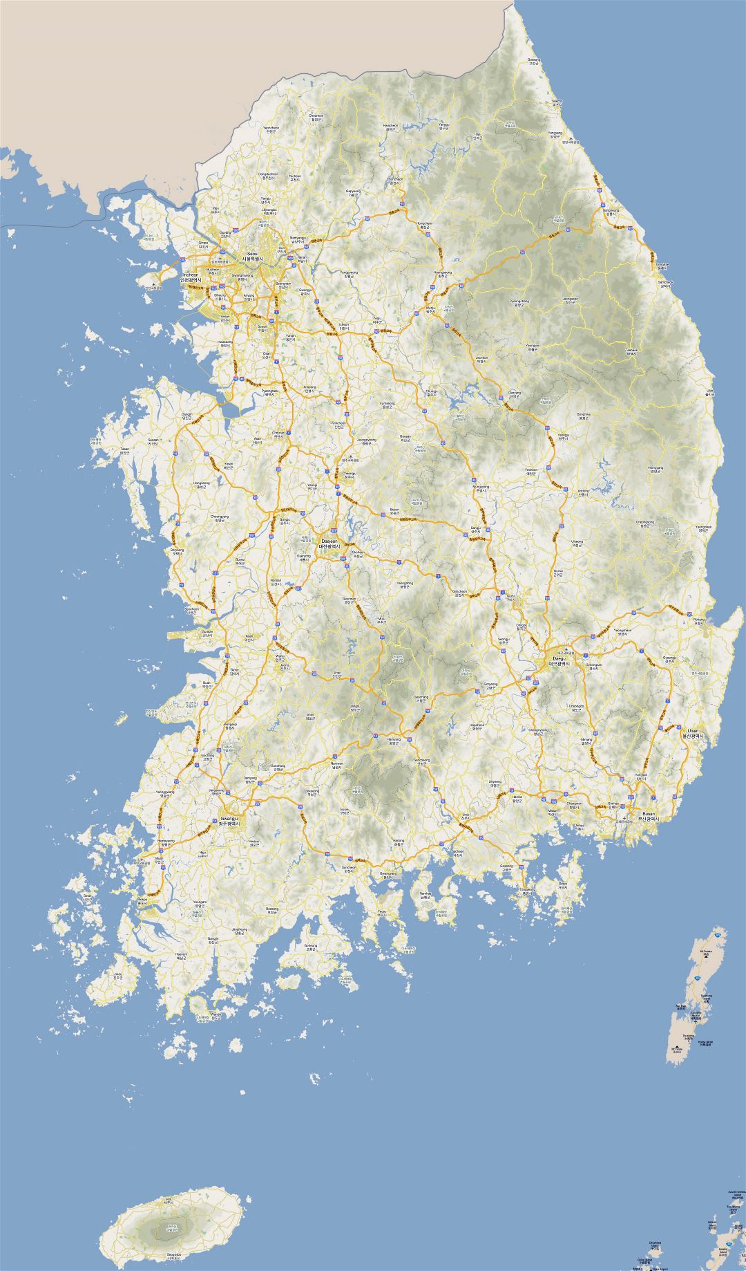 Large detailed road map of South Korea with all cities