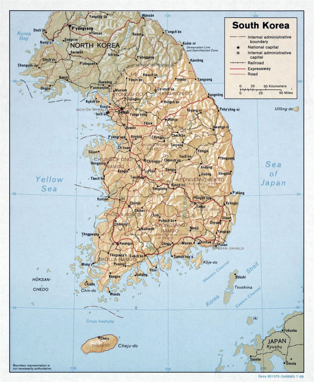 Large political and administrative map of South Korea with relief, roads, railroads and major cities - 1989
