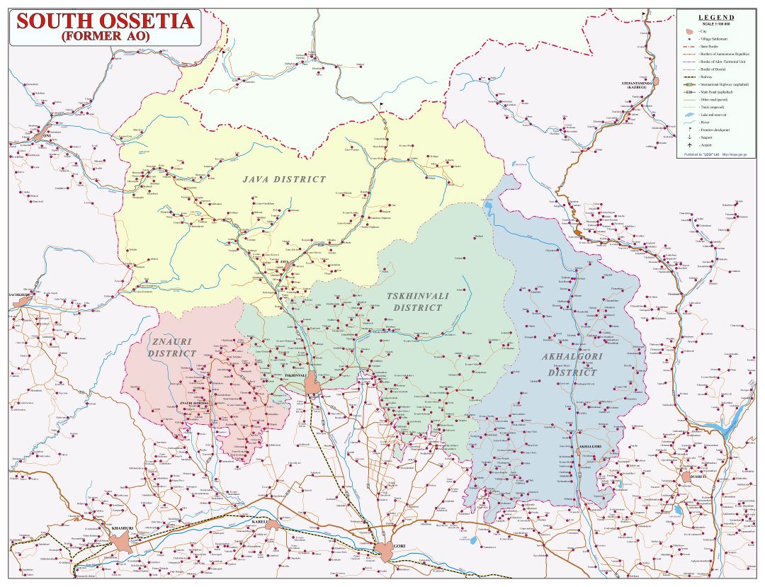 Large detailed political and administrative map of South Ossetia with roads, cities, all villages and other marks