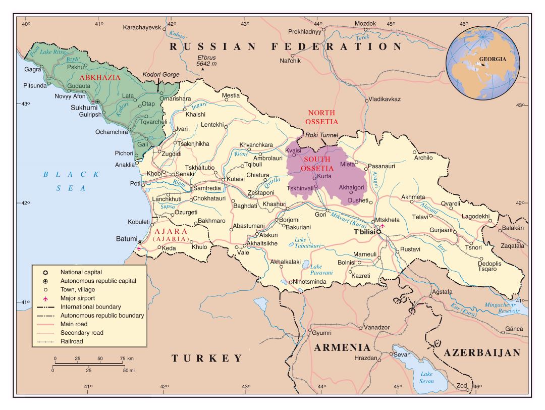 Large detailed political map of Georgia with Abkhazia and South Ossetia with roads, railroads, cities and airports