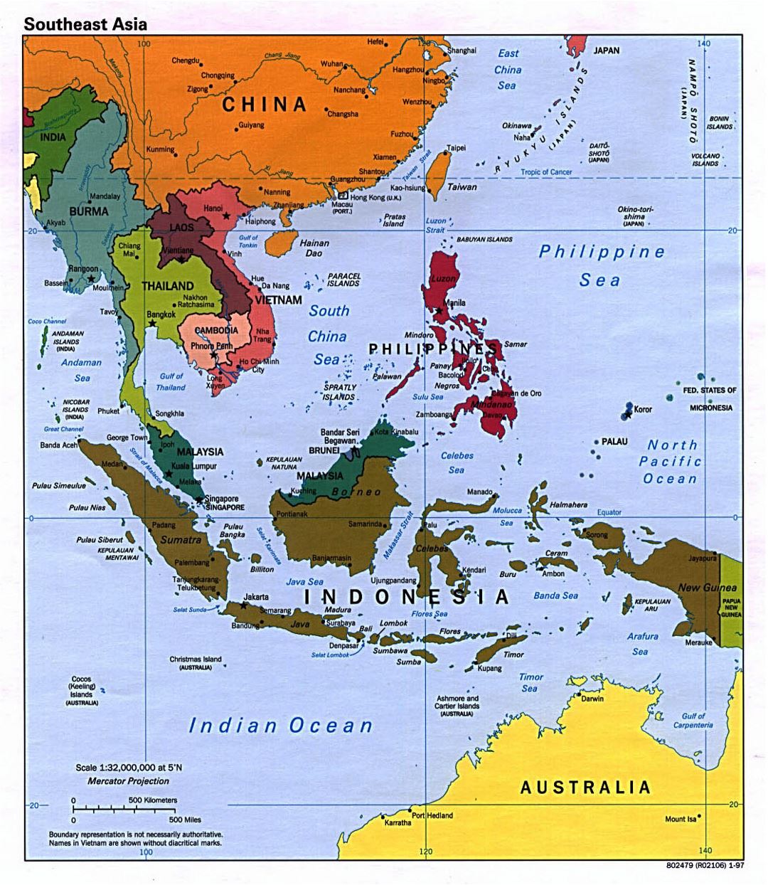 Detailed political map of Southeast Asia with capitals - 1997