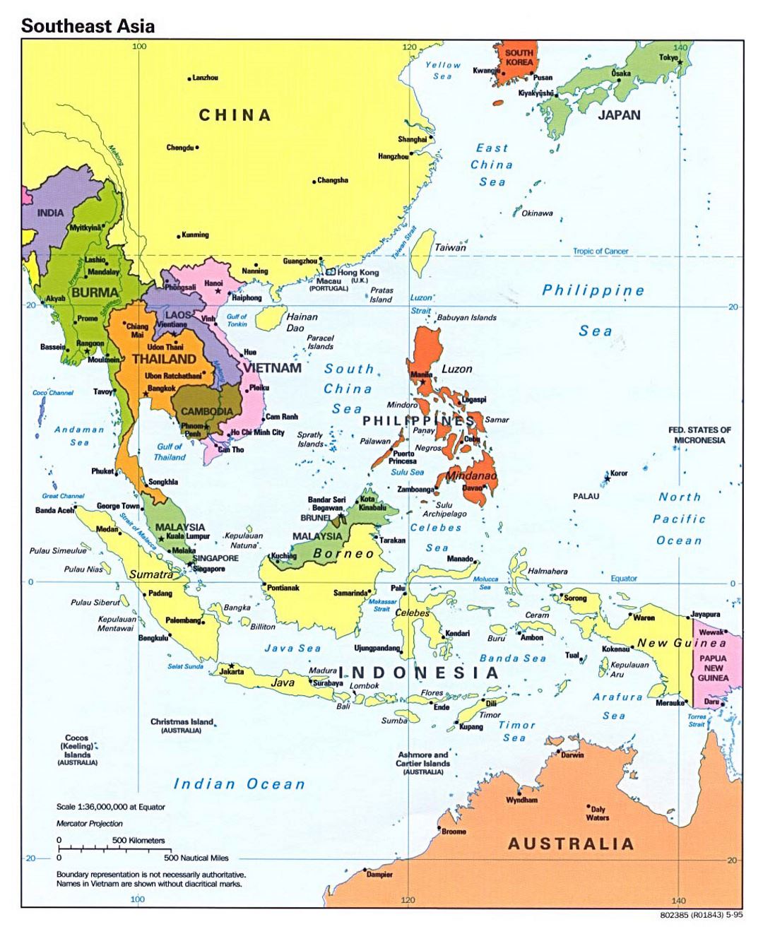 Detailed political map of Southeast Asia with capitals and major cities - 1995