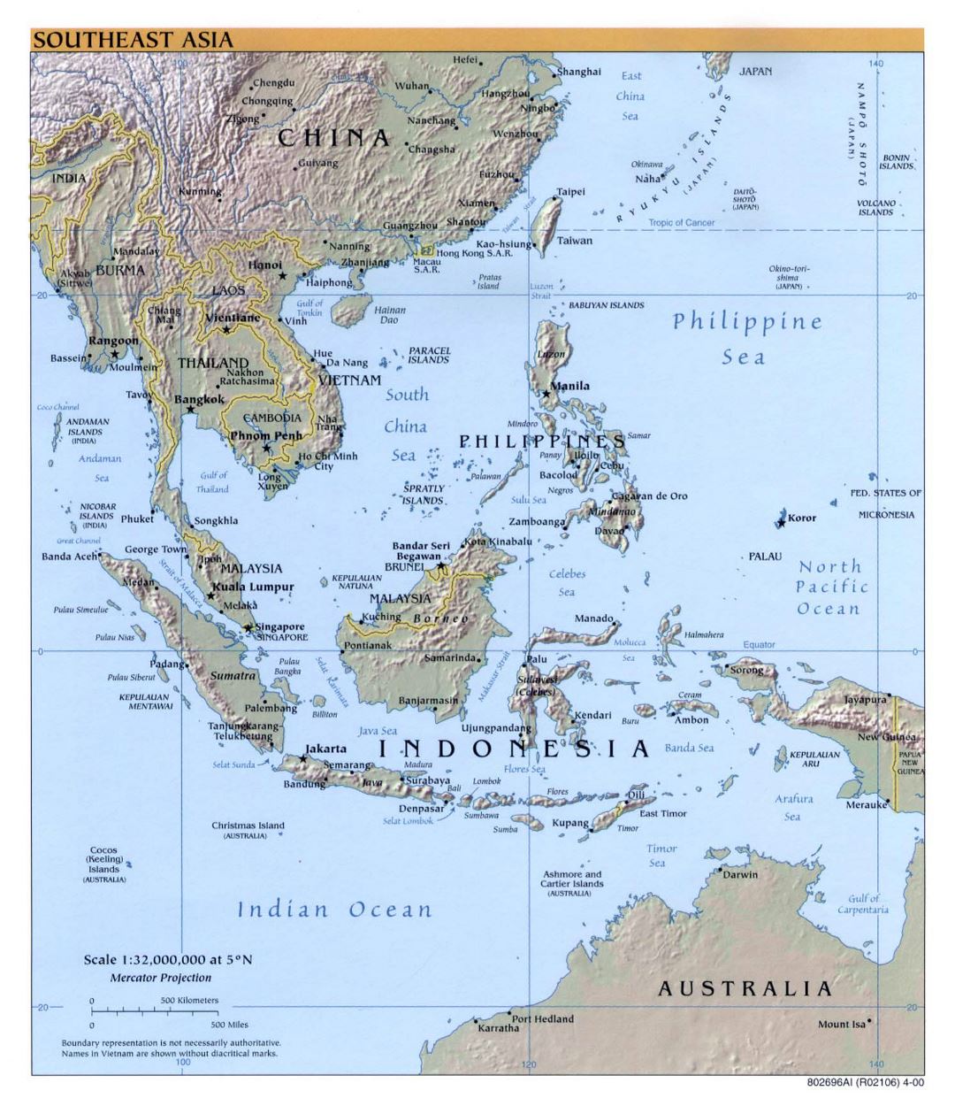 Large detailed political map of Southeast Asia with relief - 2000