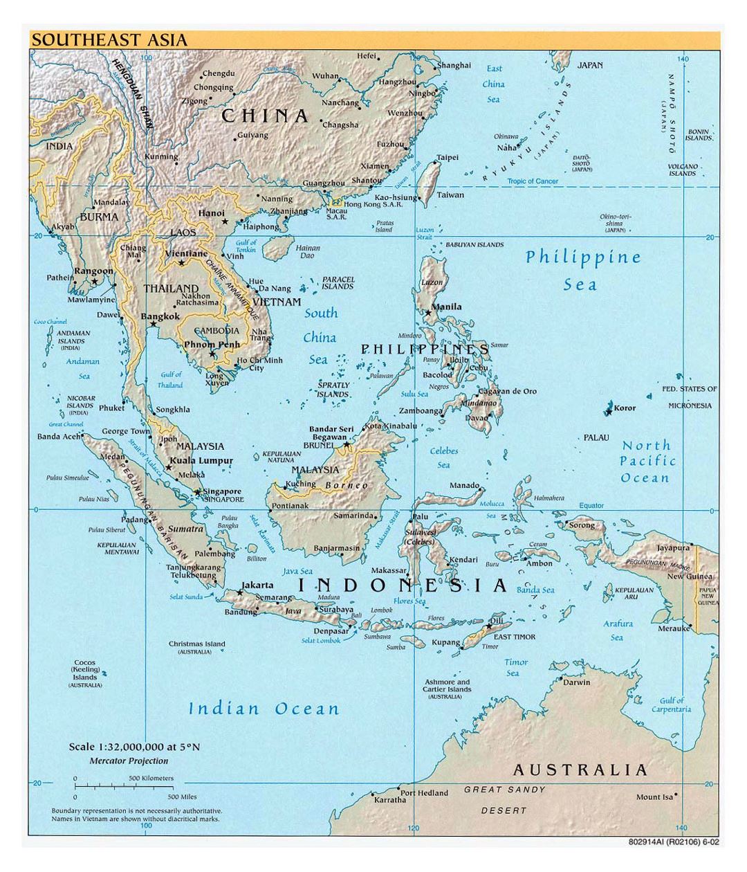 Large political map of Southeast Asia with relief, capitals and major cities - 2002