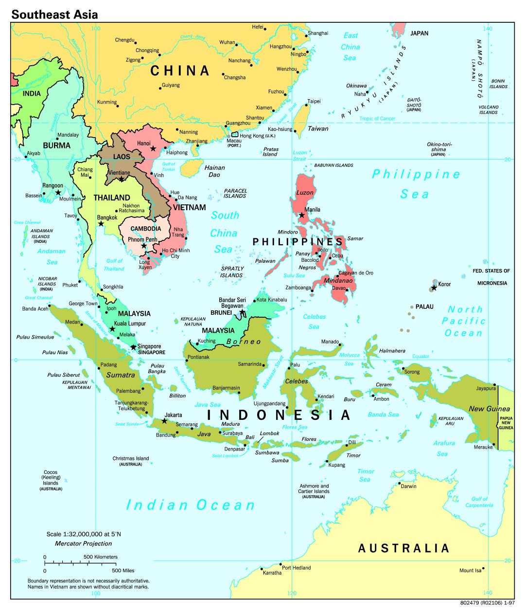 Large scale political map of Southeast Asia with capitals - 1997