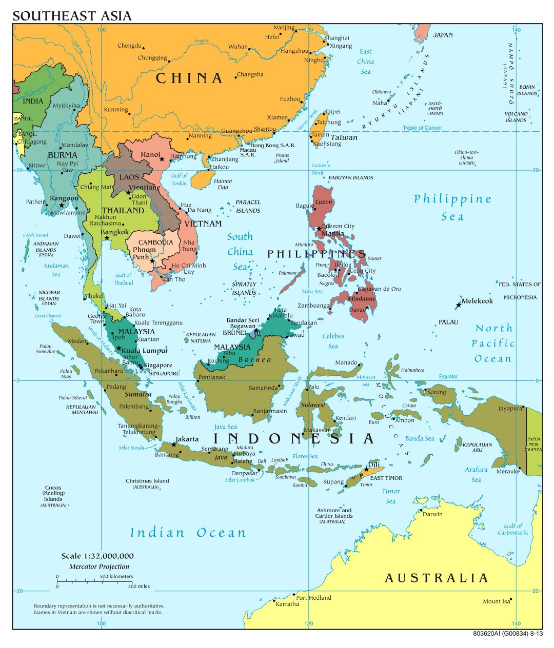 Large scale political map of Southeast Asia with capitals and major cities - 2013