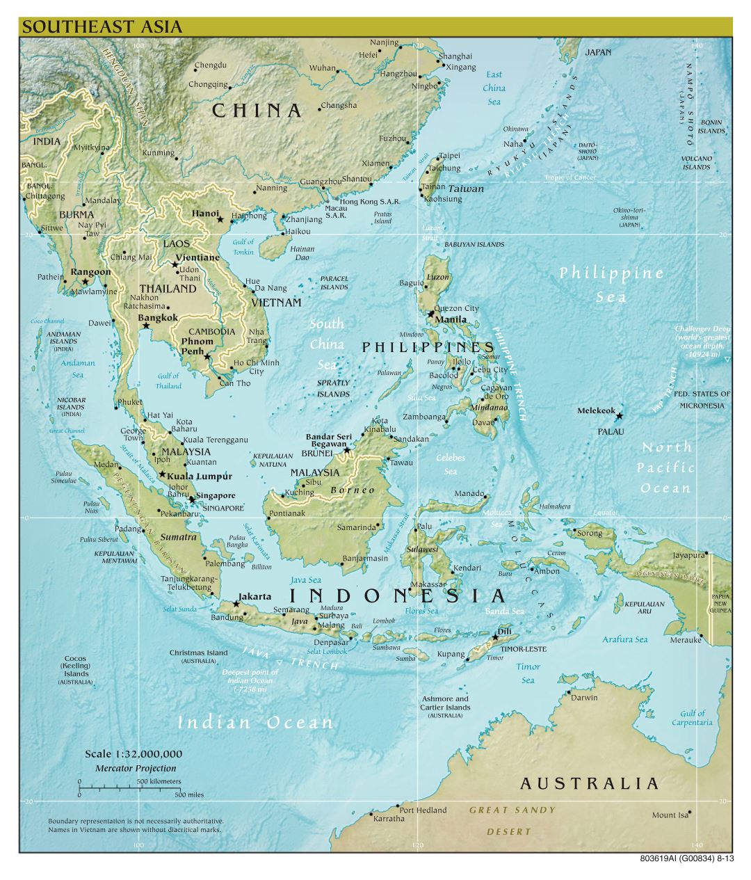 Large scale political map of Southeast Asia with relief, capitals and major cities - 2013