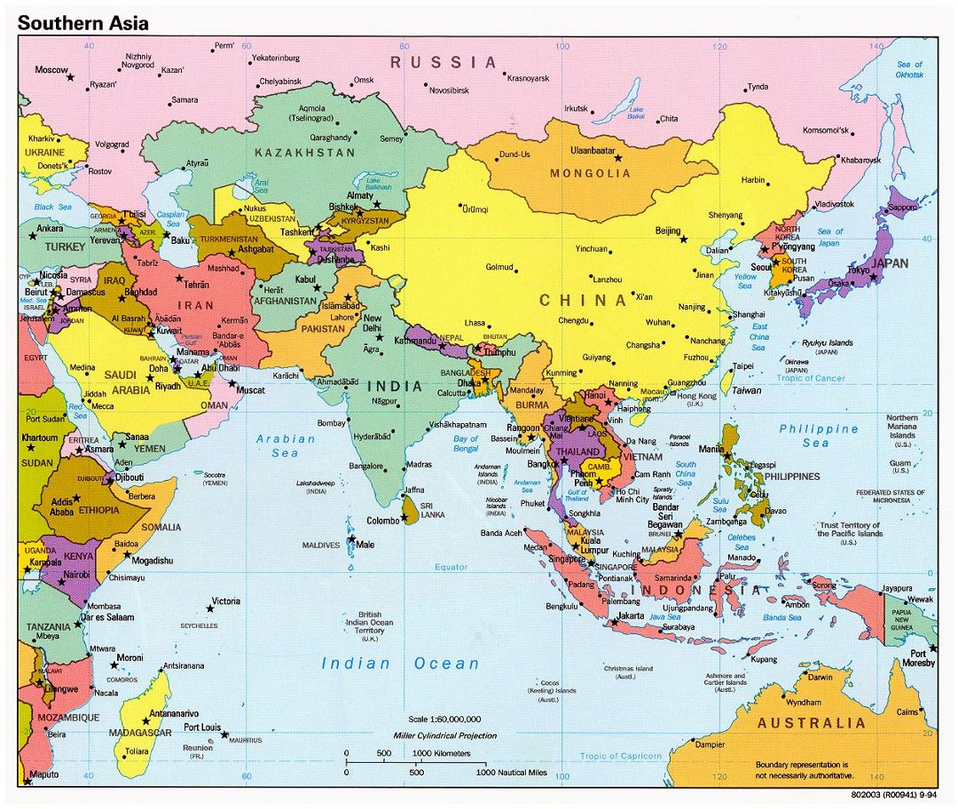 Detailed political map of Southern Asia with capitals and major cities - 1994