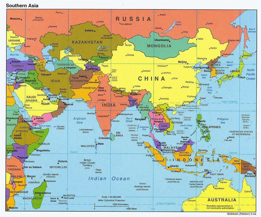 Detailed political map of Southern Asia with capitals and major cities - 2004