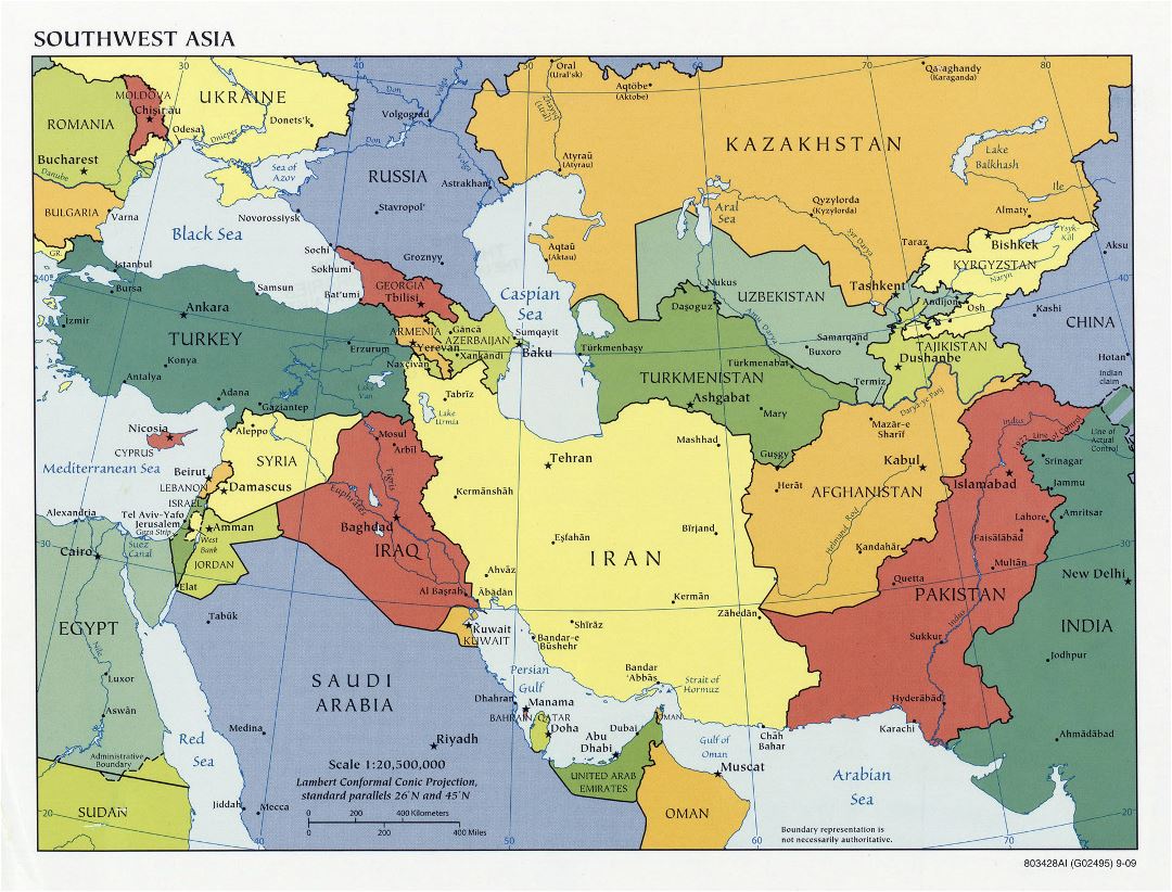 Large detailed political map of Southwest Asia with capitals and major cities - 2009