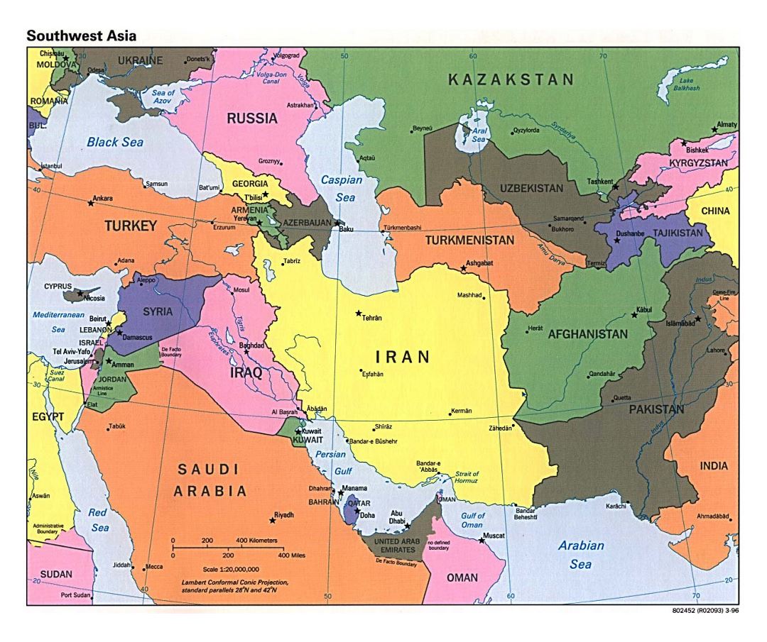 Large political map of Southwest Asia with capitals and major cities - 1996