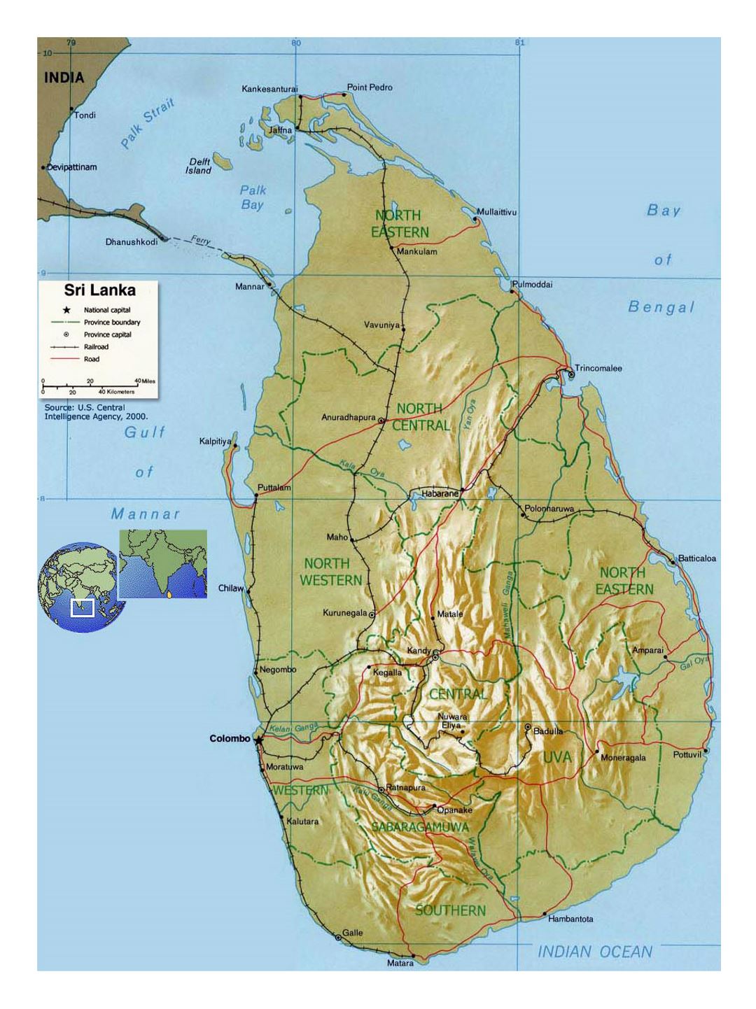 Detailed political and administrative map of Sri Lanka with relief, roads, railroads and major cities