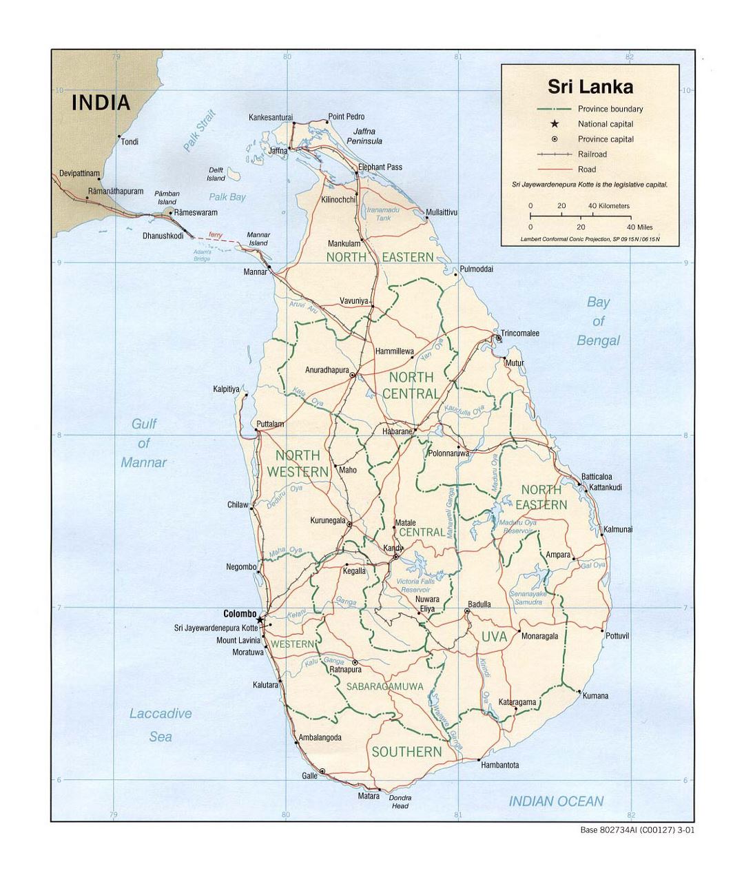 Detailed political and administrative map of Sri Lanka with roads, railroads and major cities - 2001