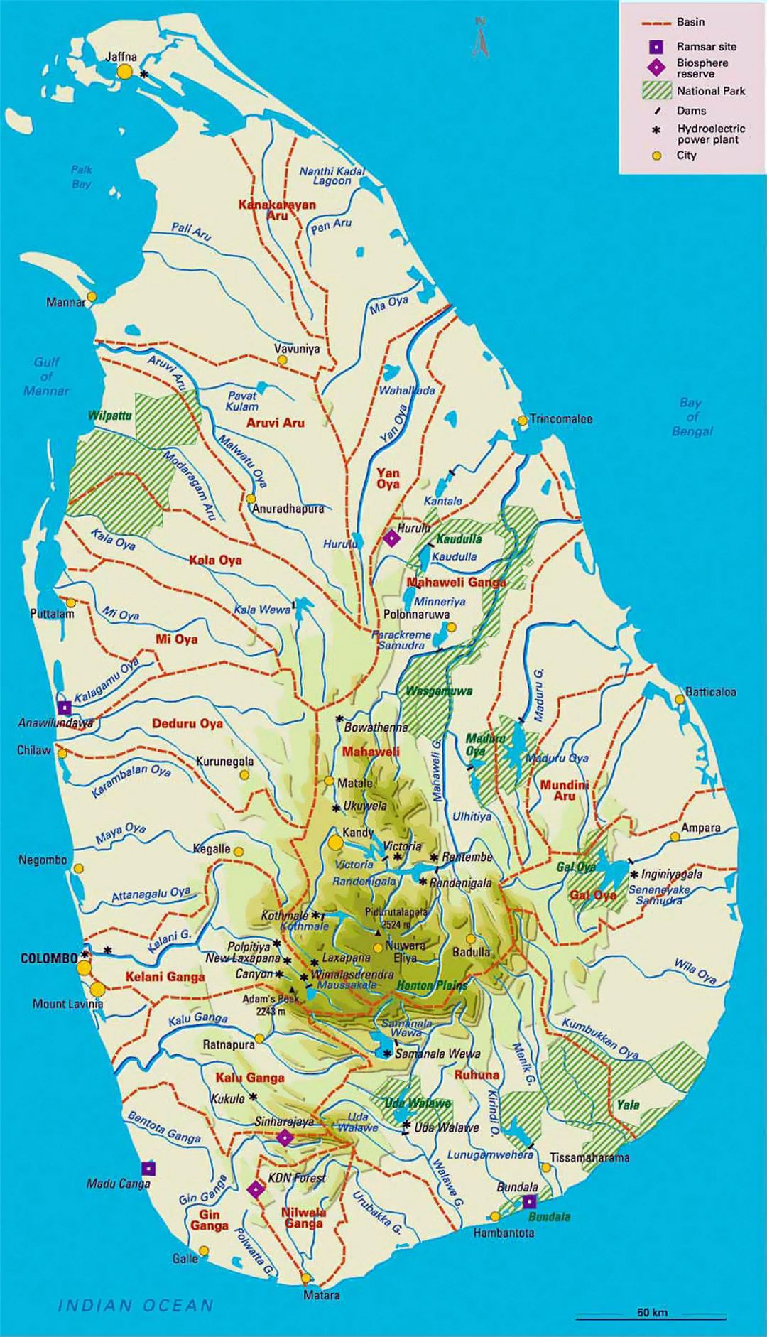 Elevation and travel map of Sri Lanka with administrative divisions