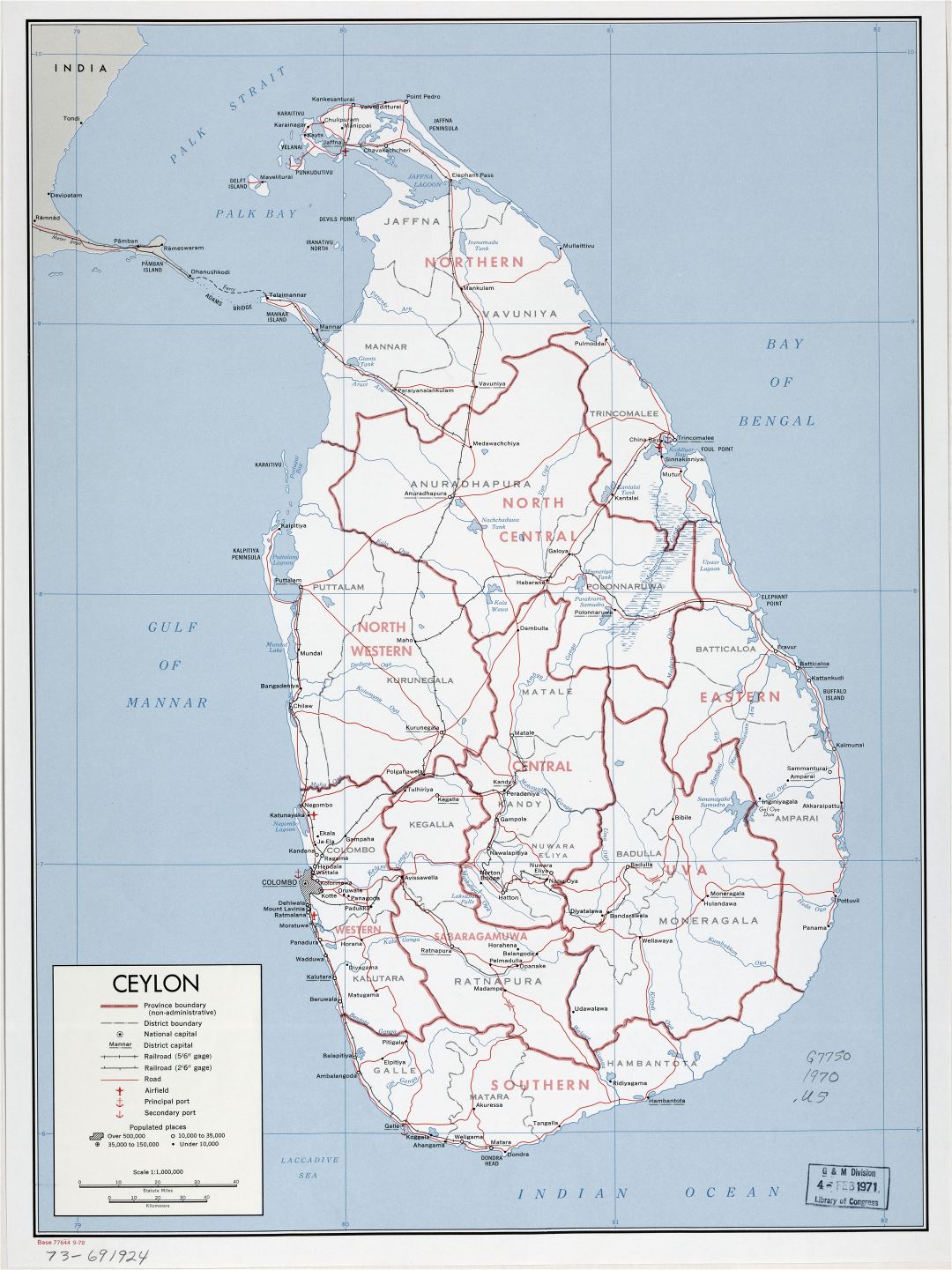 Large detailed political and administrative map of Sri Lanka (Ceylon) with roads, railroads, ports, airports and cities - 1970