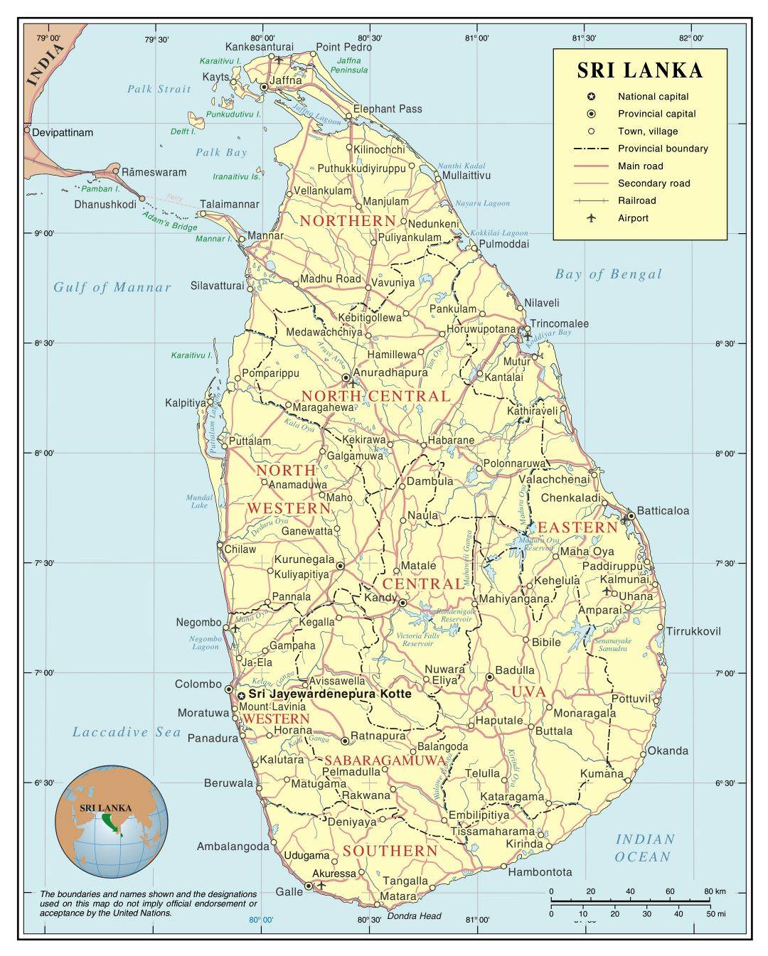 Large detailed political and administrative map of Sri Lanka with roads, railroads, cities and airports