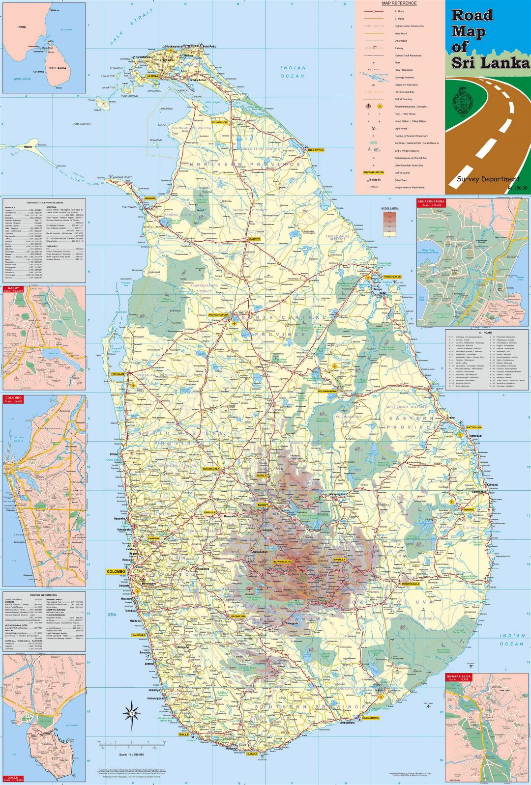 Large detailed road and elevation map of Sri Lanka with other marks