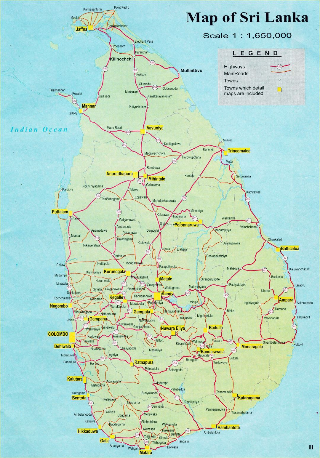 Large Detailed Road Map Of Sri Lanka With Cities Small 