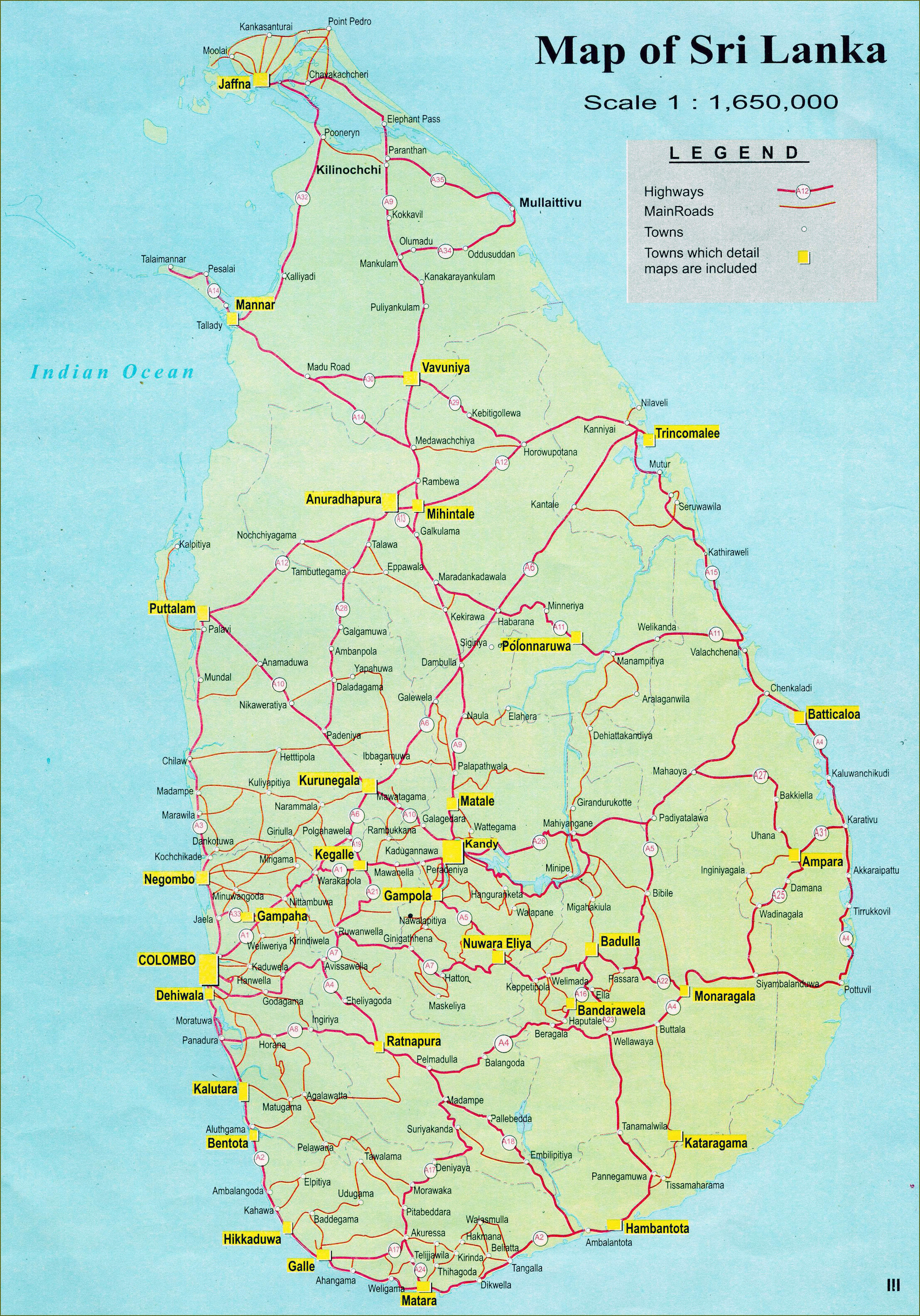 Large detailed road map of Sri Lanka with cities | Sri Lanka | Asia