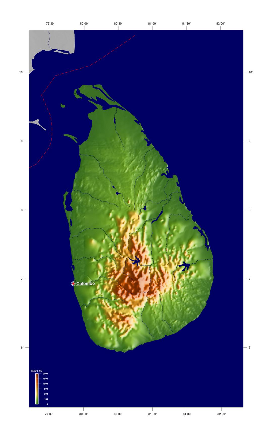 Large elevation map of Sri Lanka