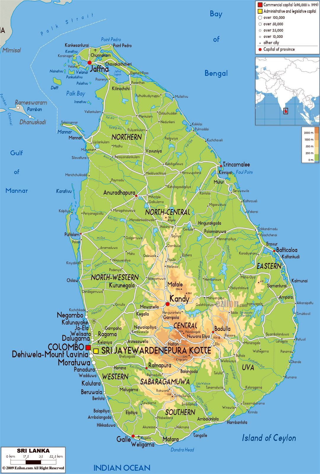 Large physical map of Sri Lanka with roads, cities and airports