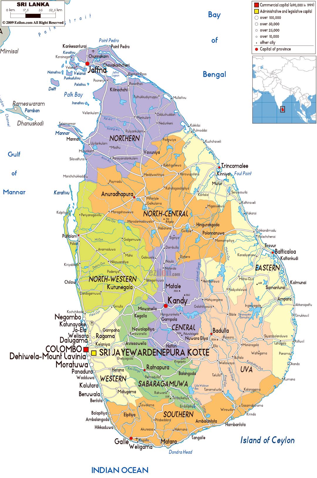 Large political and administrative map of Sri Lanka with roads, cities and airports